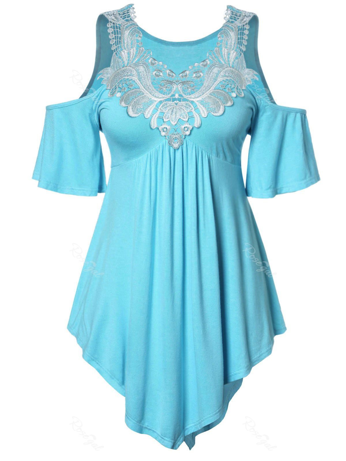 

Plus Size Cold Shoulder Lace Insert T Shirt, Coral blue