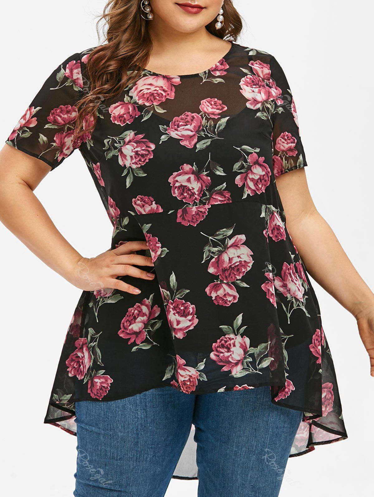 

Plus Size Floral Sheer Top and Cami Top Set, Black