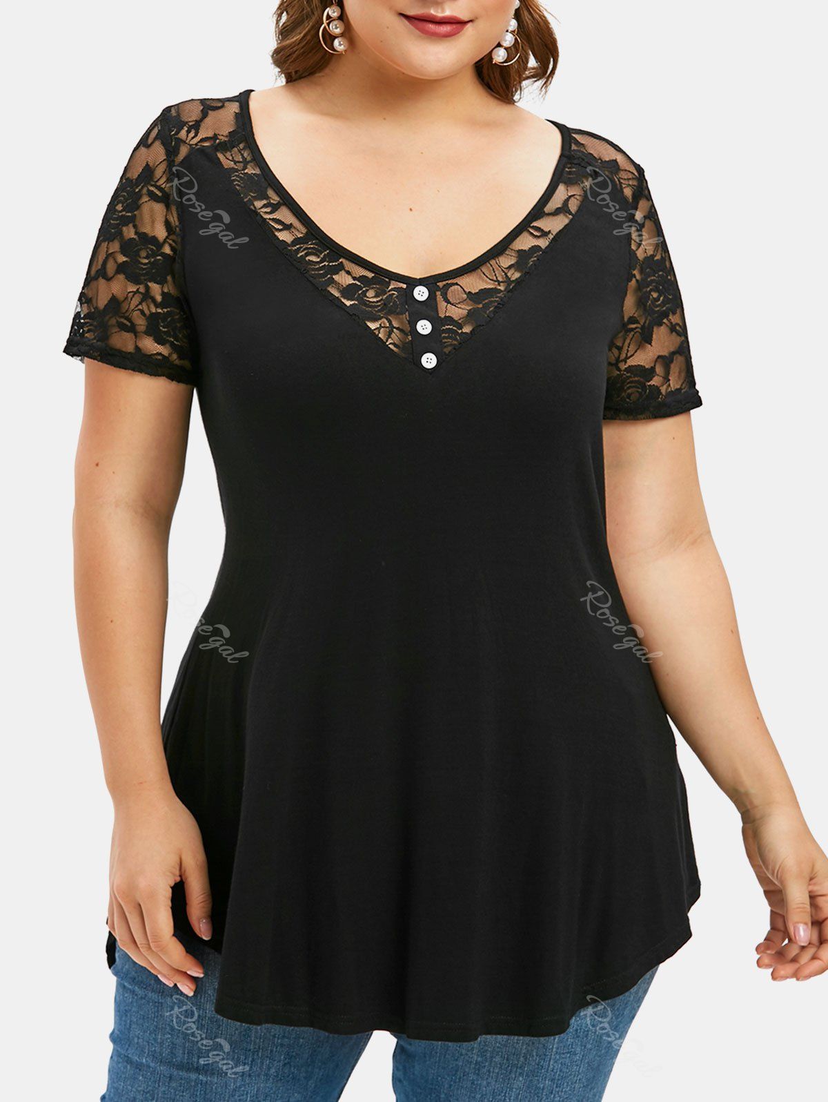 

Plus Size Lace Panel See Thru T Shirt, Black