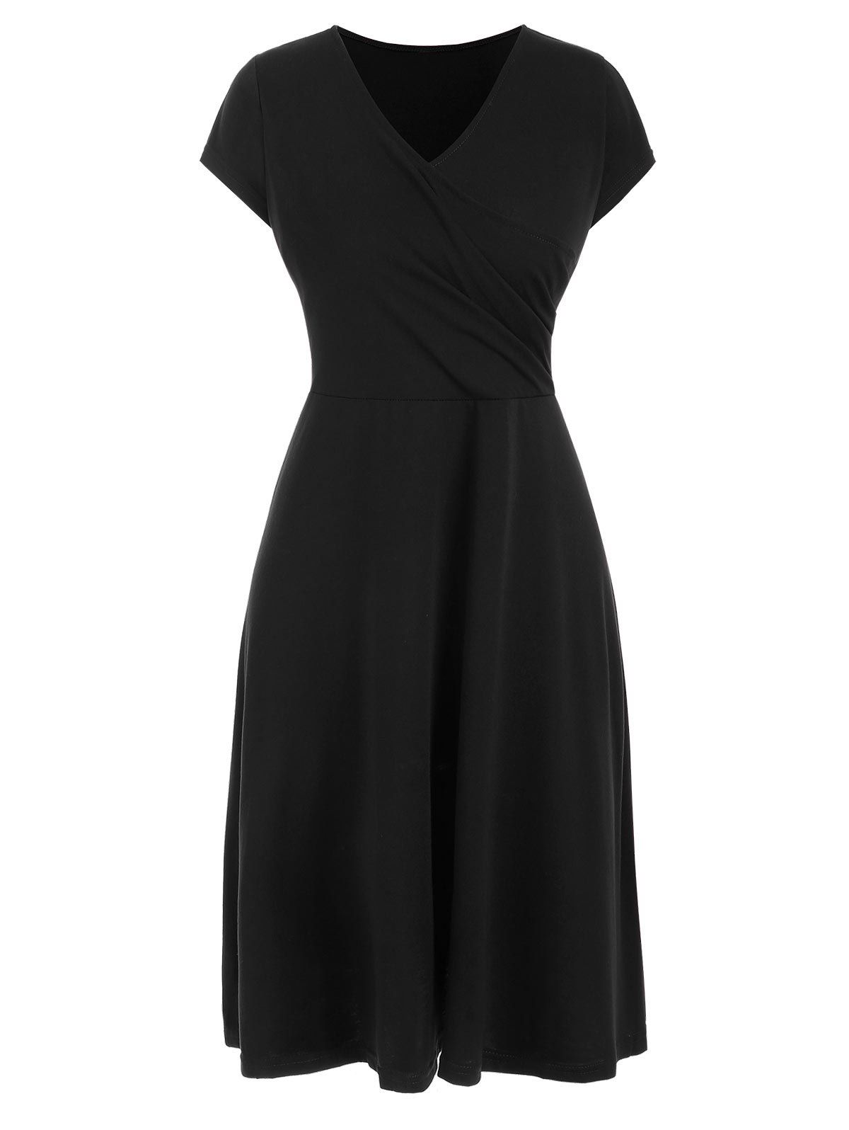 Short Sleeve Casual Surplice Dress, Black