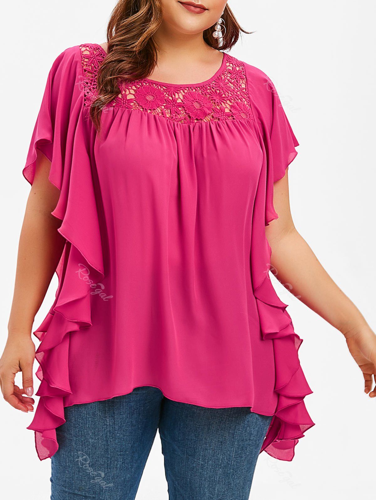 

Plus Size Sheer Butterfly Sleeve T Shirt, Rose red