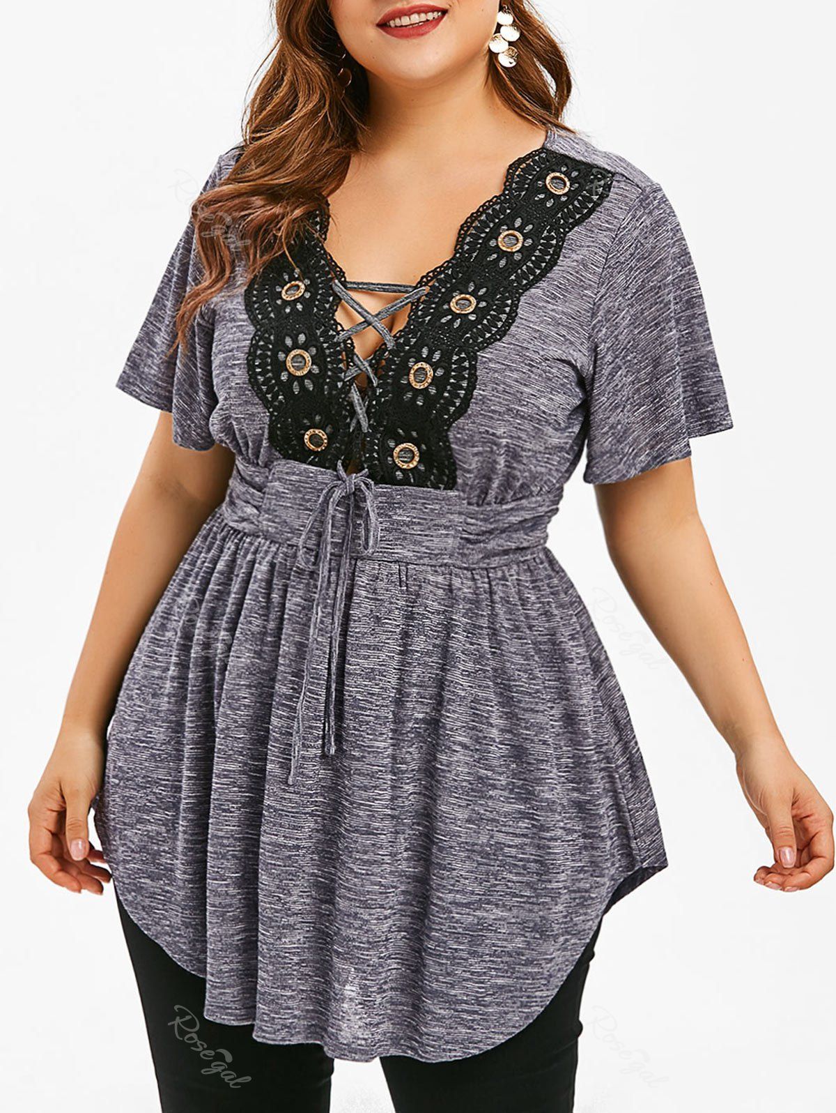 

Lace Panel Lace Up Plus Size T-shirt, Gray