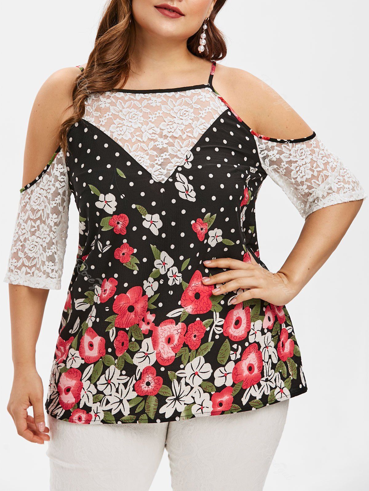 

Plus Size Cold Shoulder Lace Panel Floral Blouse, Black