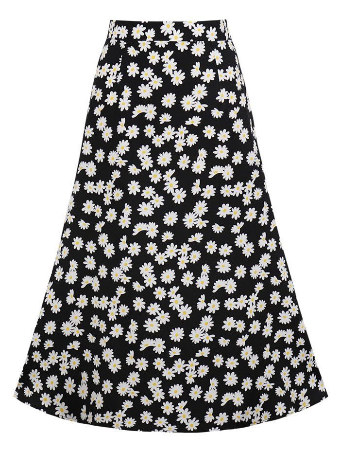 

Daisy Print Mid Calf Skirt, Black