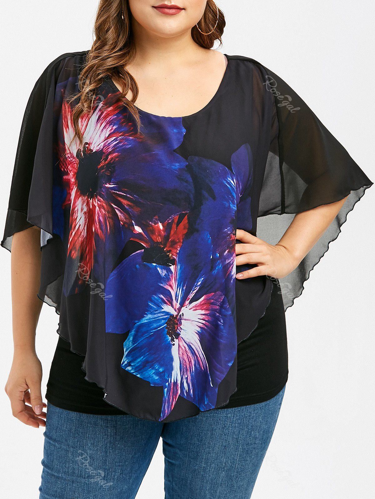 

Floral Overlay Plus Size Blouse, Black