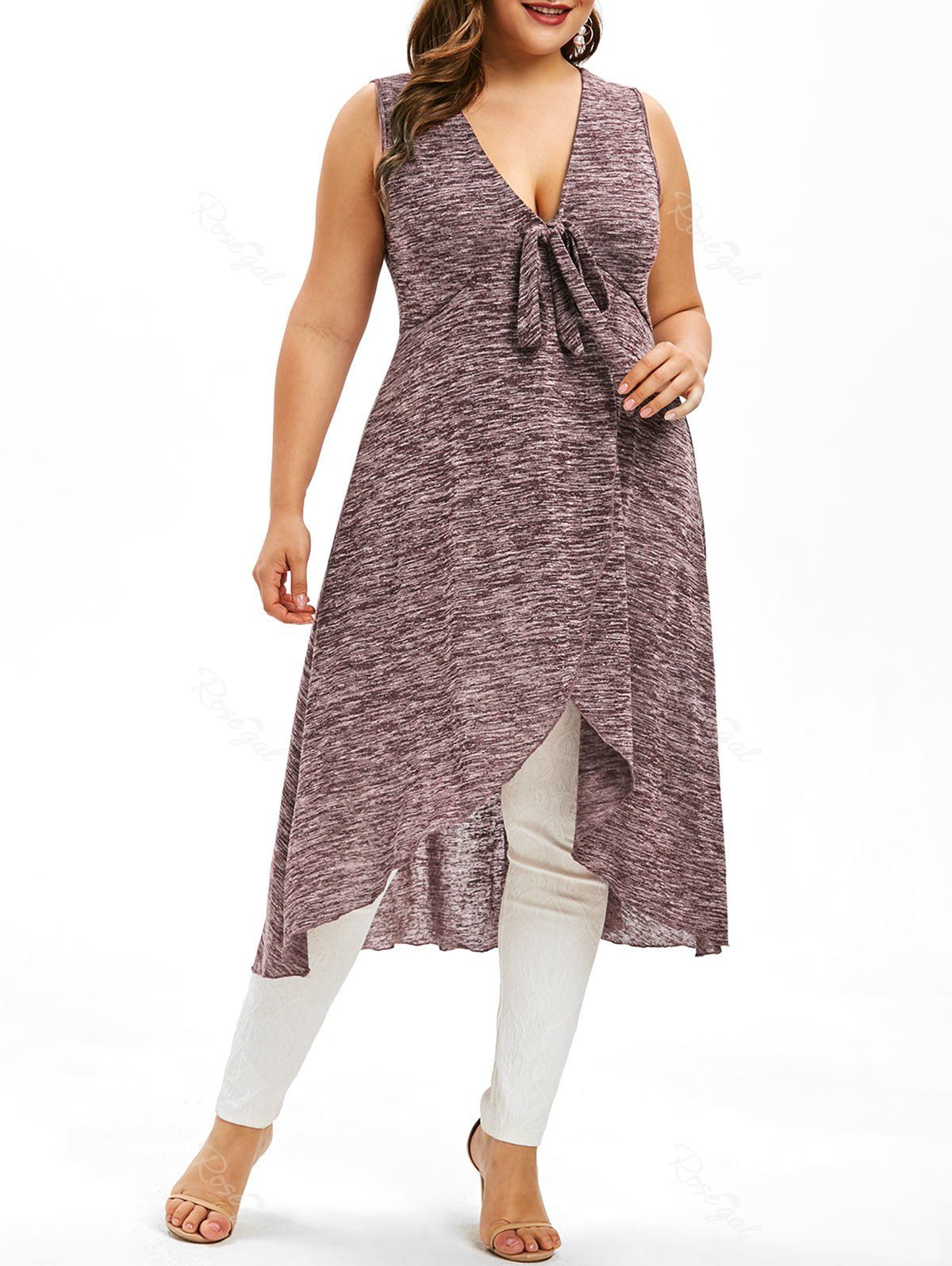 

Plus Size Plunging Neckline Bowknot High Low Tank Top, Red wine