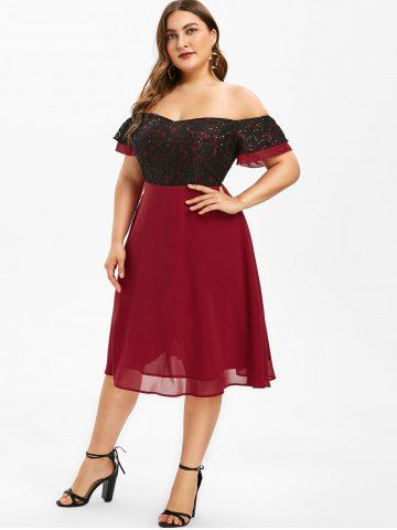 

Plus Size Off The Shoulder Color Block Dress, Red wine