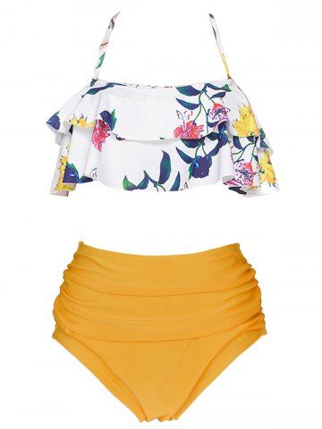 

Halter Flounce Flower Print Bikini Set, Yellow
