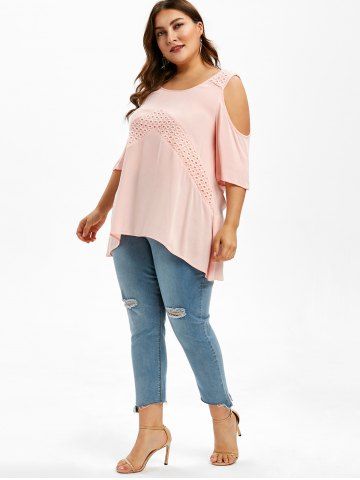 

Plus Size Lace Crochet Cold Shoulder Blouse, Pink