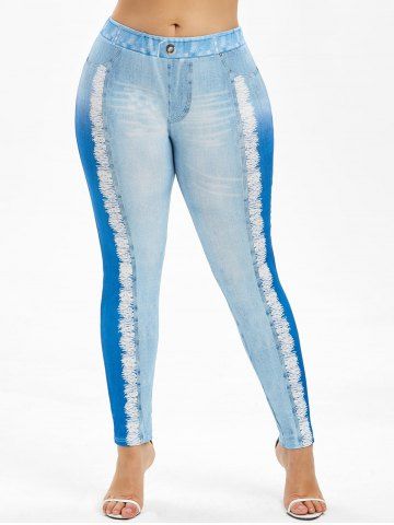 

Plus Size 3D Jean Print Skinny Leggings, Pastel blue