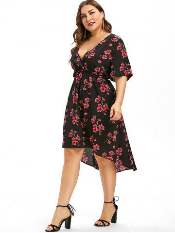 

Plus Size High Low Floral Midi A Line Dress, Black