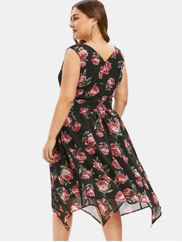 

Plus Size Floral Print Asymmetrical Midi Surplice Dress, Black