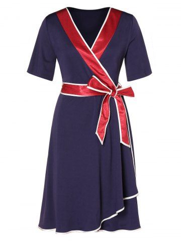

Plus Size Contrast Trim Belted A Line Dress, Midnight blue