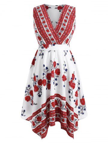 

Plus Size Floral Print Midi Surplice Dress, White