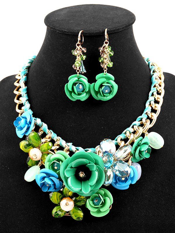 

Chain Flower Statement Necklace Earrings Set, Green