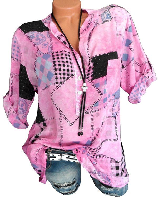 

Half Button Checked Print Blouse, Pink