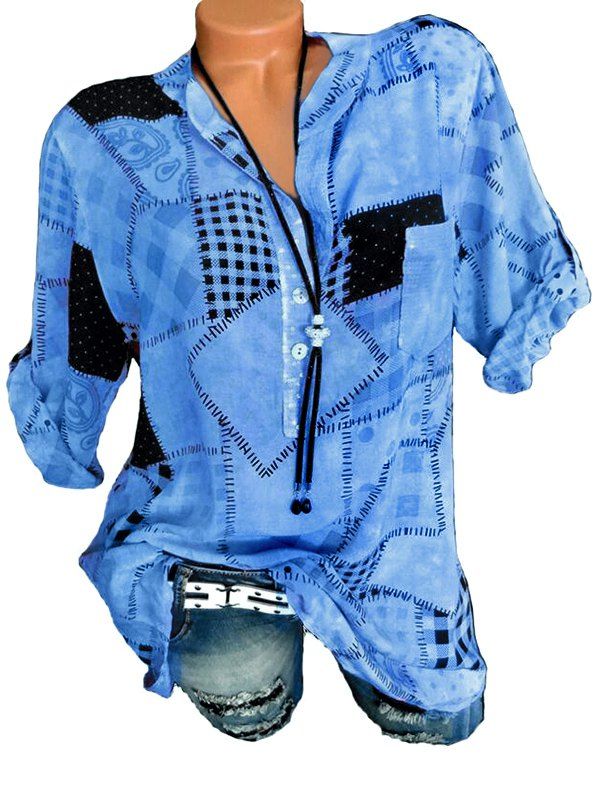 Half Button Checked Print Blouse, Sky blue