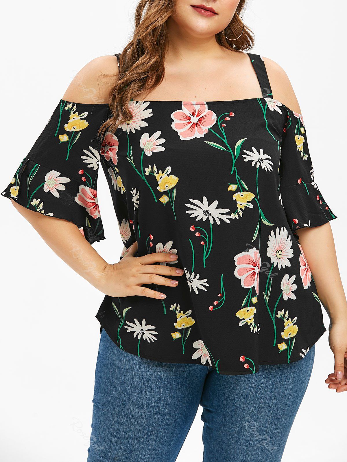 

Plus Size Cold Shoulder Floral Print T Shirt, Multi