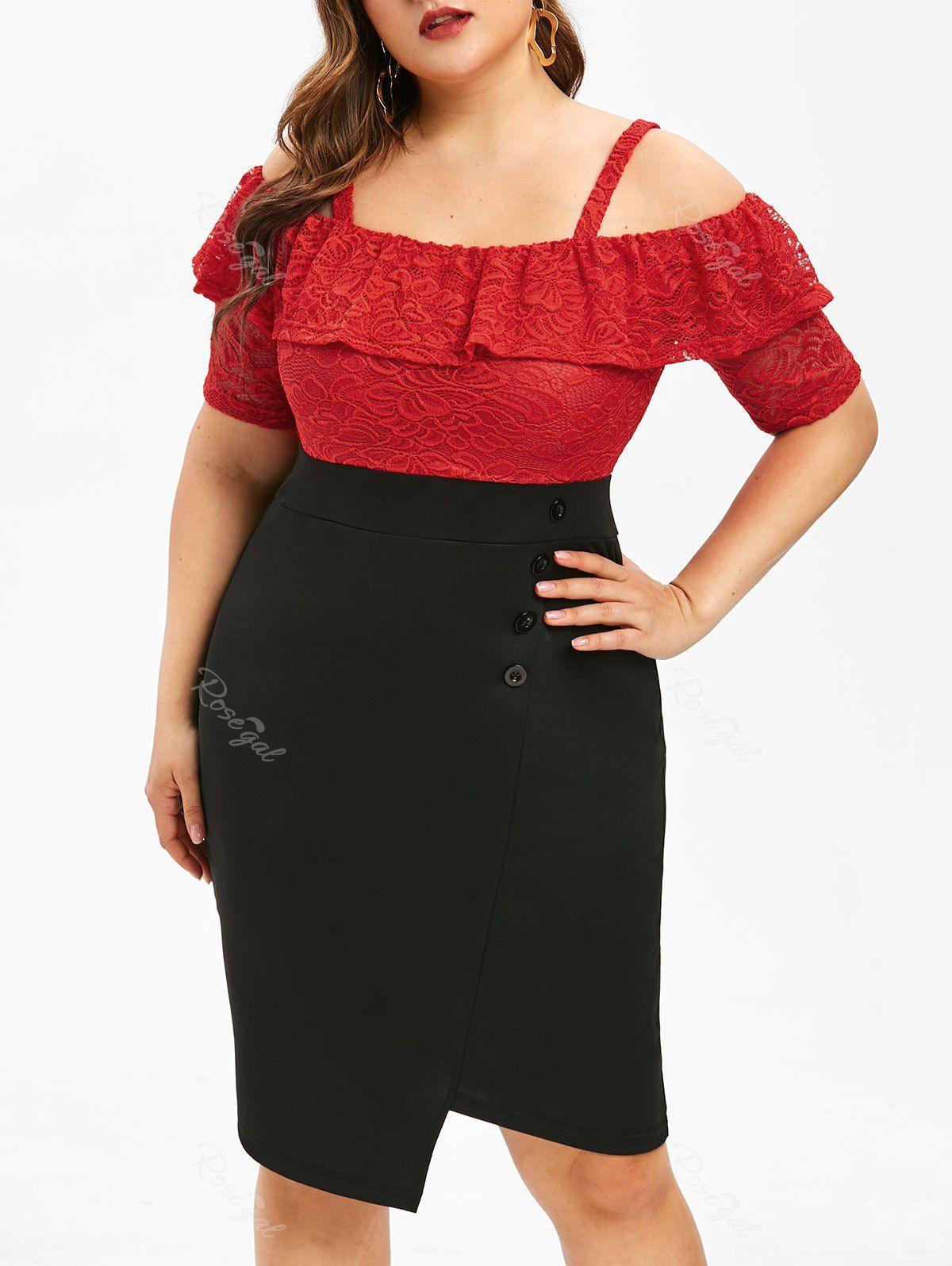 

Plus Size Open Shoulder Lace Contrast Bodycon Dress, Multi