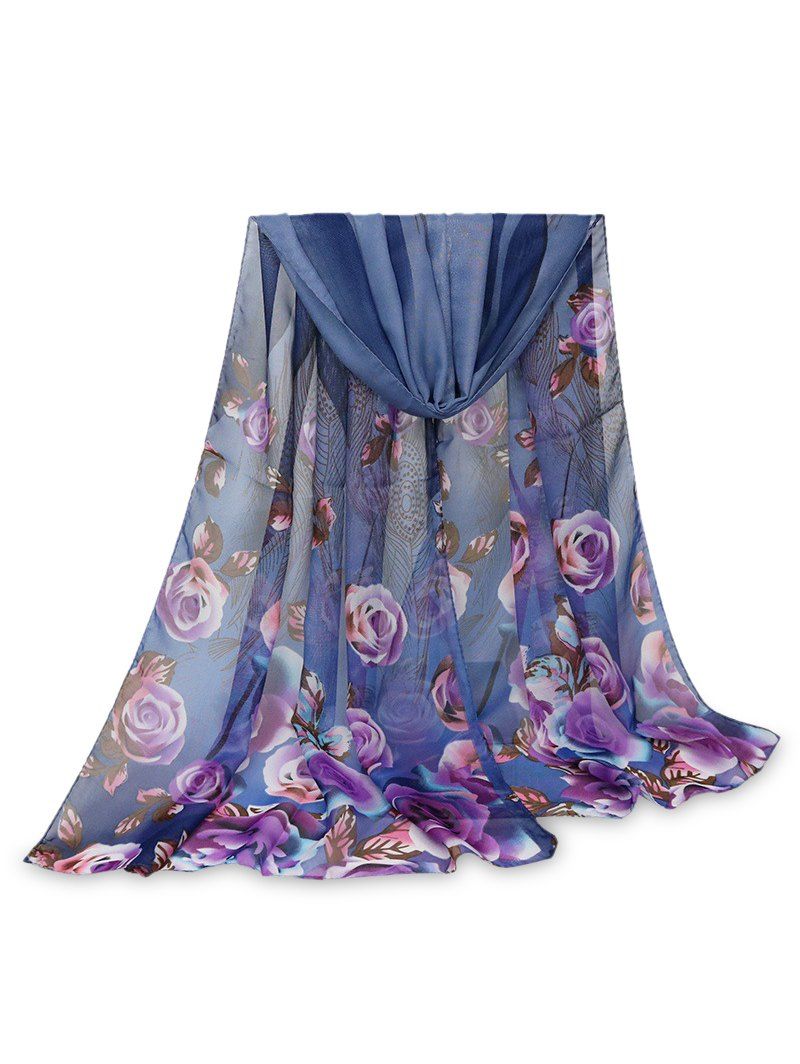 

Printed Rose Feather Long Scarf, Deep blue