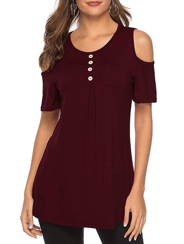 

Cold Shoulder Button Short Sleeve Tee, Red wine