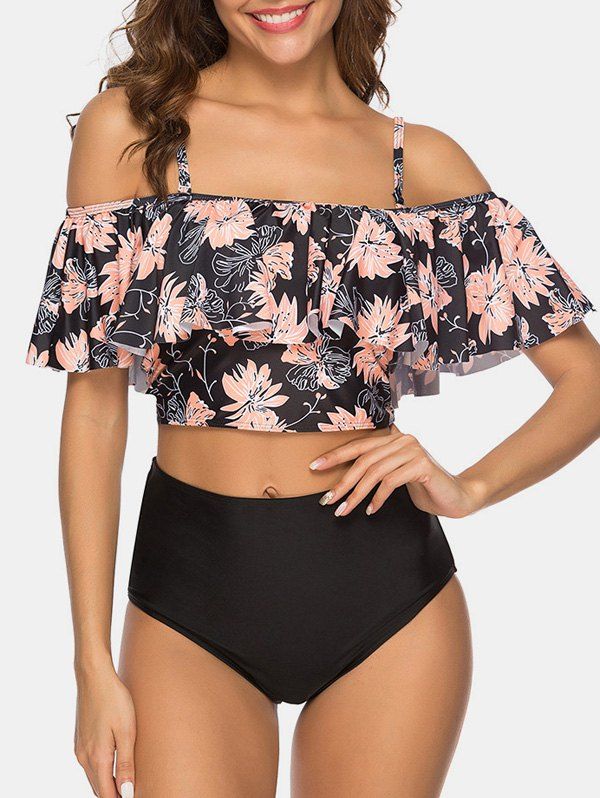 

Flower Print Flounce Padded Bikini Swimwear, Black