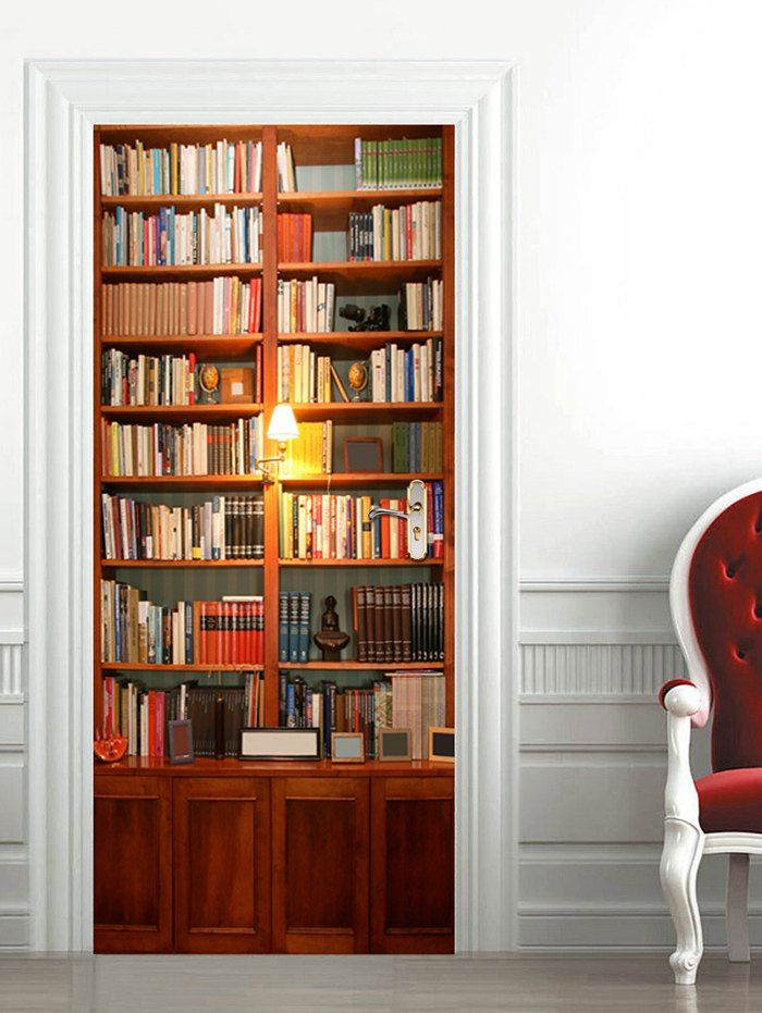 

3D Bookcase Pattern Door Art Stickers, Red