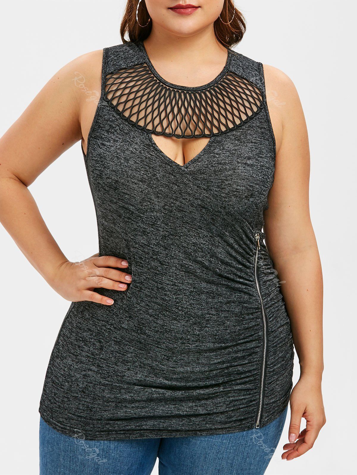 

Cut Out Ruched Zipper Plus Size Tank Top, Gray