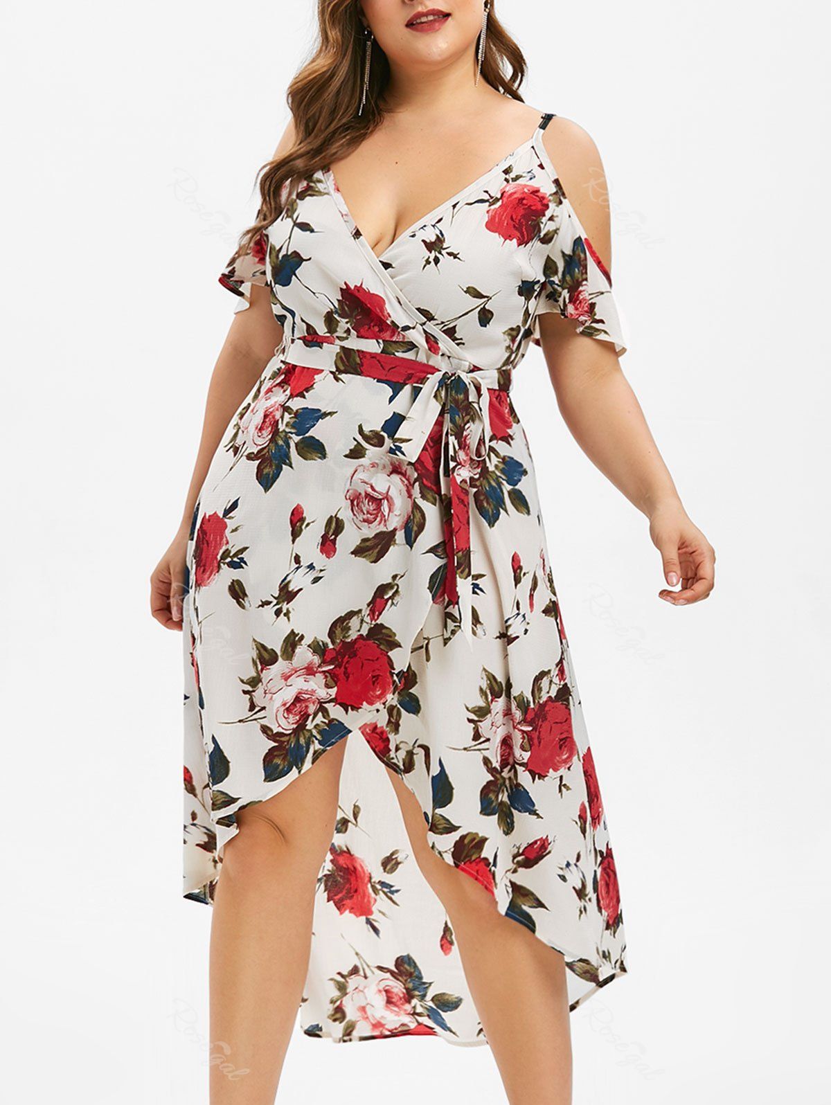 

Plus Size Floral High Low Open Shoulder Dress, Warm white