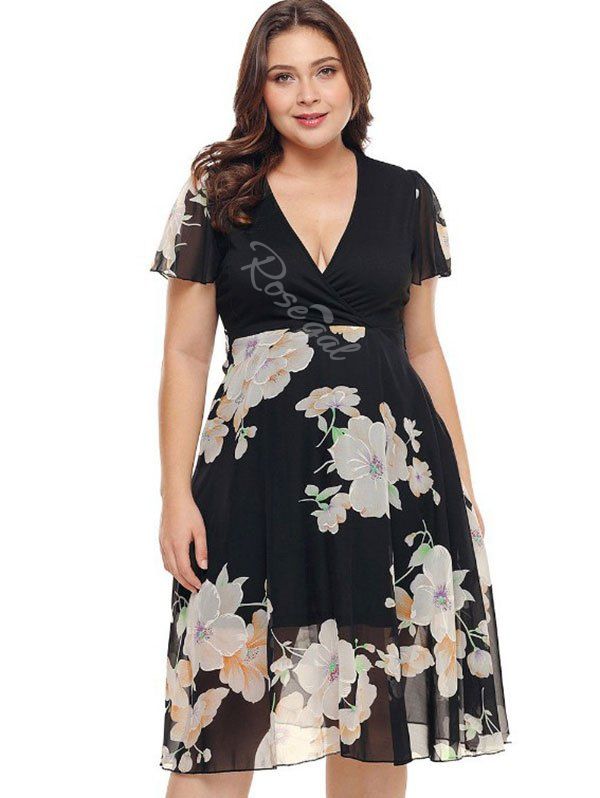 

Surplice Neck Plus Size Floral Print A Line Dress, Black
