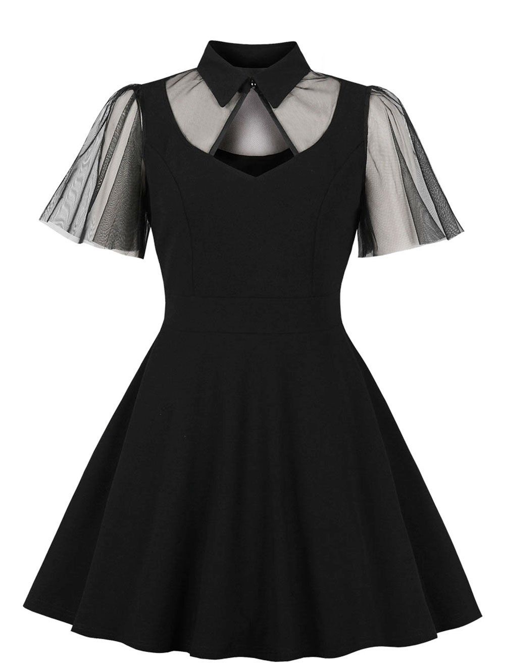

Mesh Panel Keyhole Mini Dress, Black