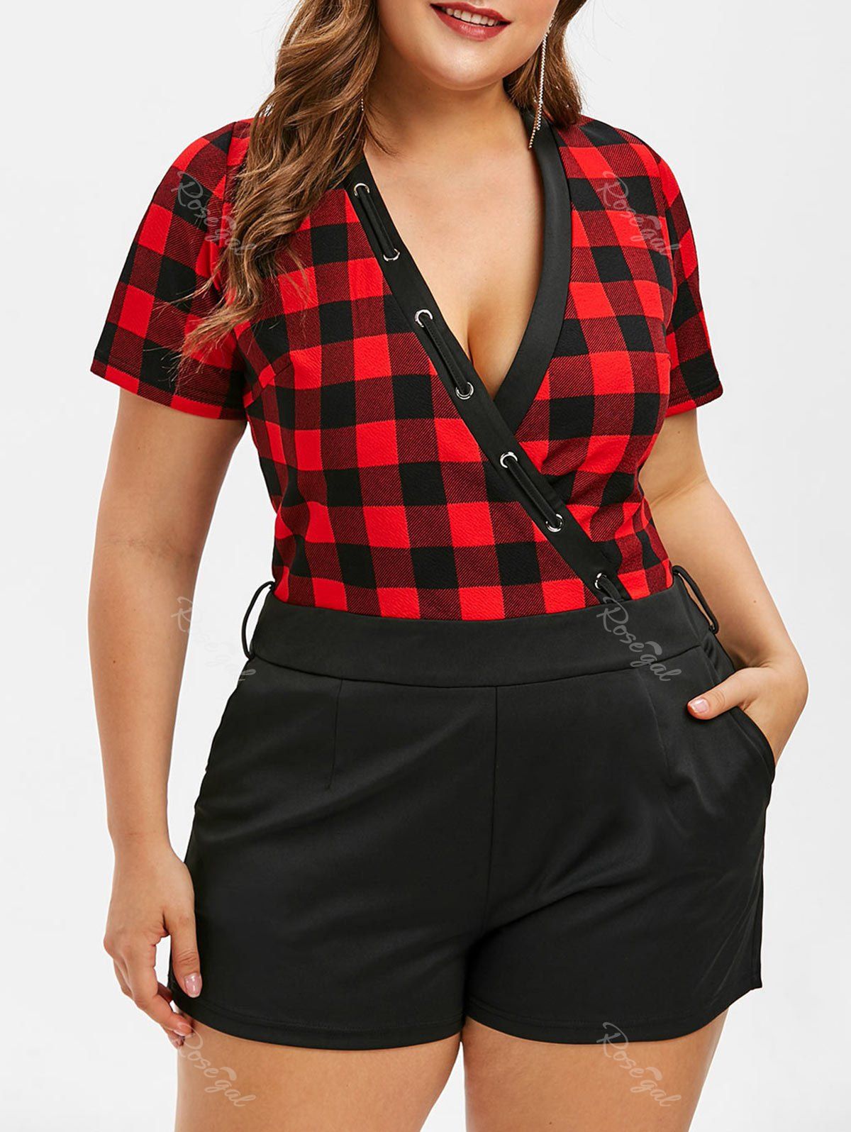 

Checked Plus Size Plunge Romper, Multi