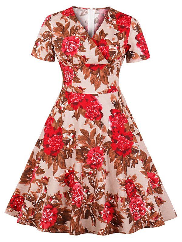 

High Waist Floral Print Wrap Dress, Red