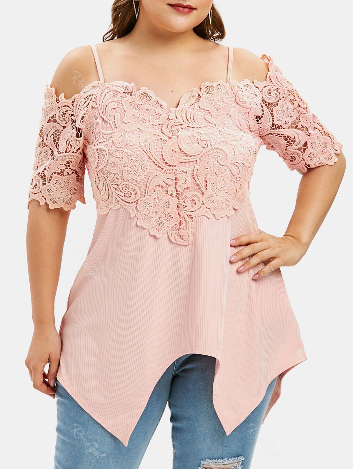 

Plus Size Cold Shoulder Lace Panel T Shirt, Sakura pink