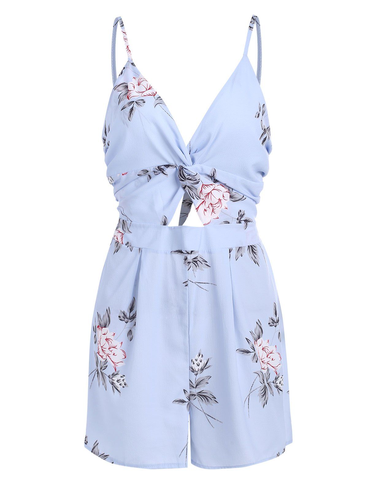 

Spaghetti Strap Flower Print Knot Back Romper, Light blue