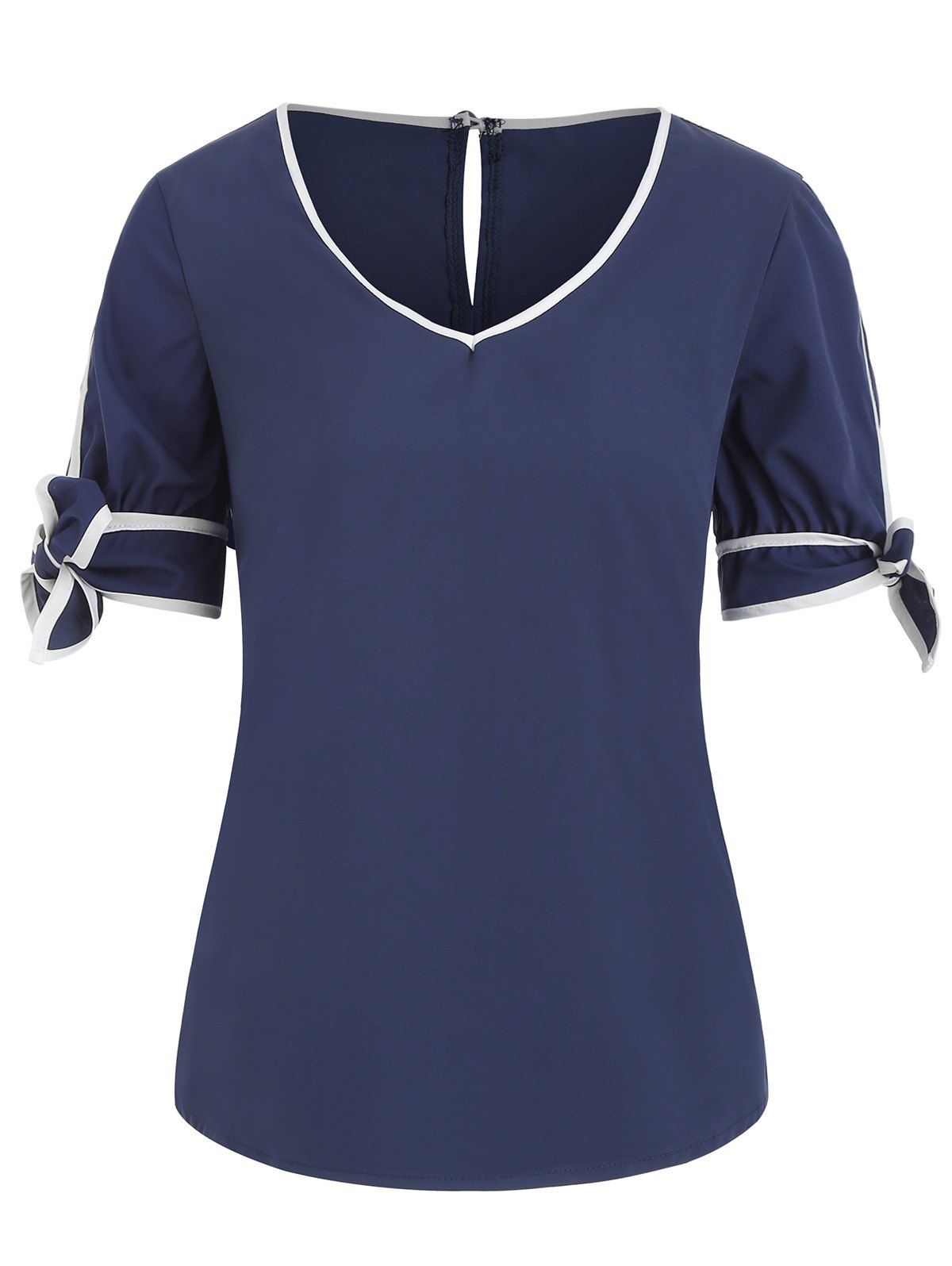 

Two Tone Bowknot V Neck Blouse, Cadetblue