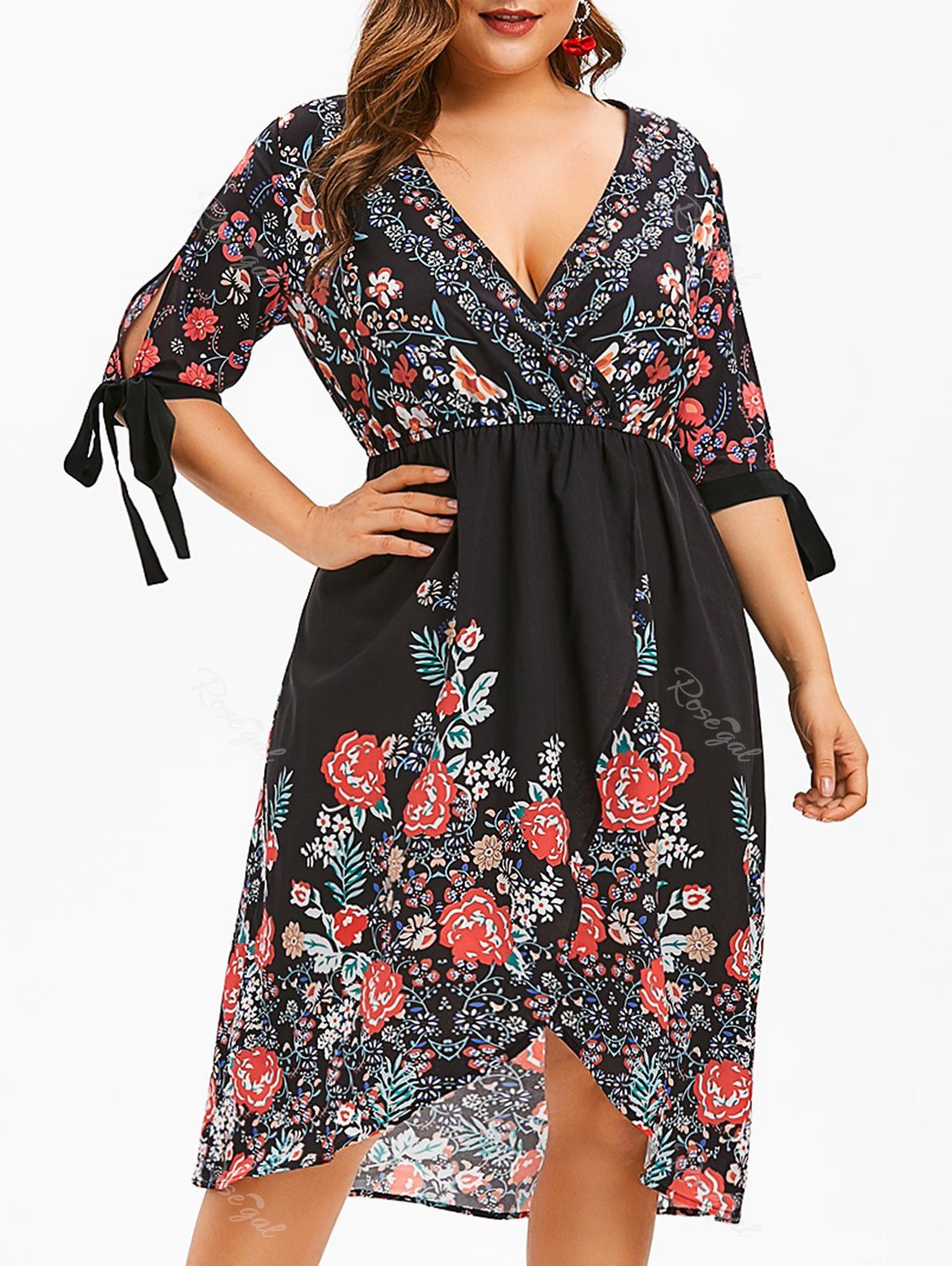 

Plus Size Self Tie Floral High Low Midi Dress, Black