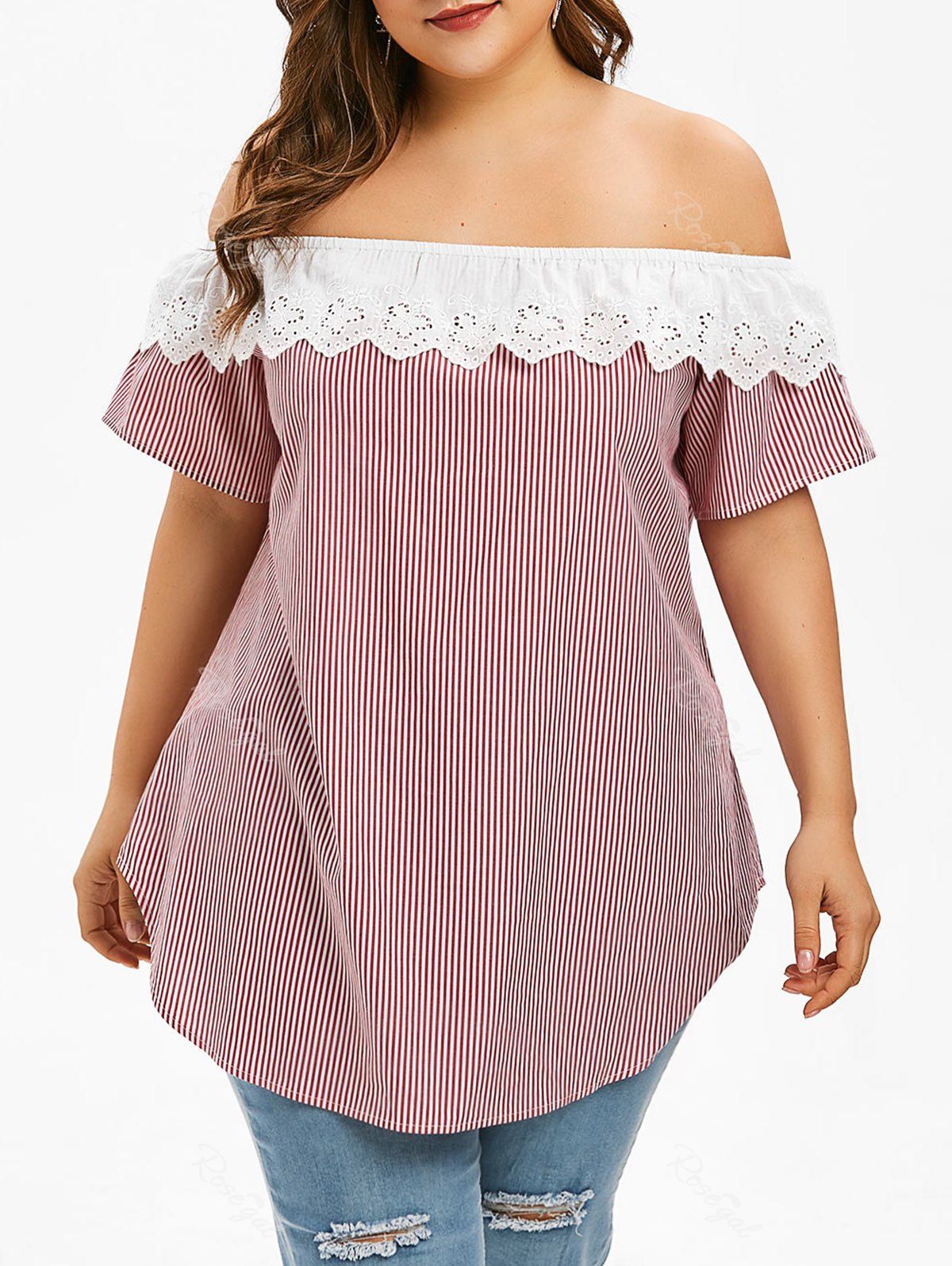 

Plus Size Striped Off The Shoulder Shirt, Cherry red