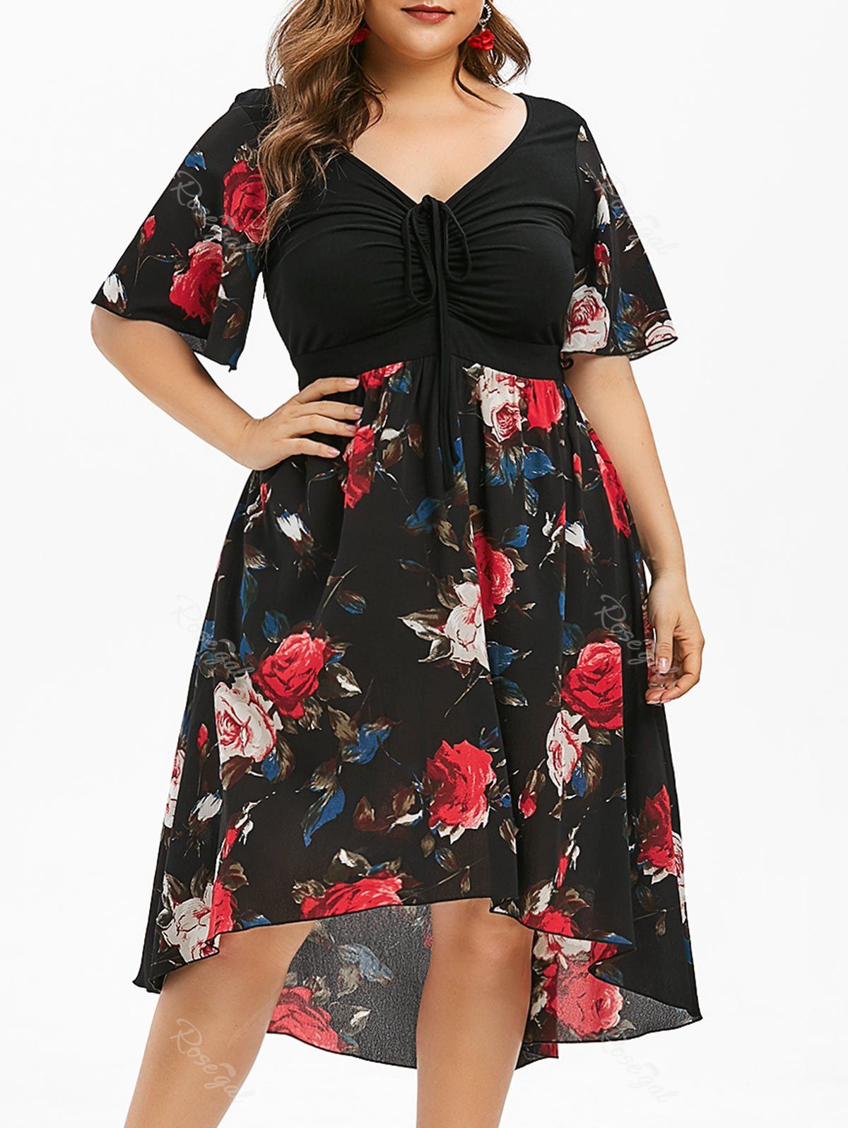 

Plus Size High Low Floral Midi Dress, Black