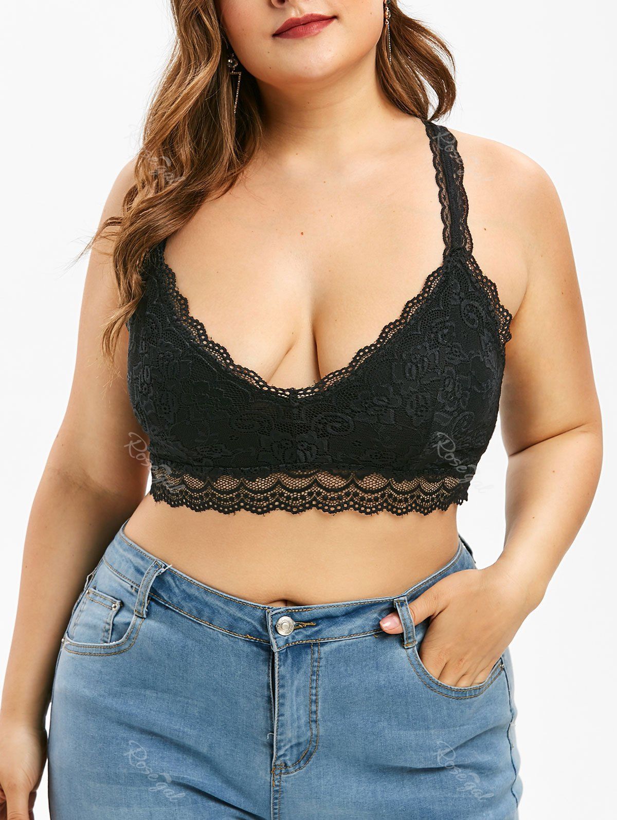 

Plus Size Scalloped Lace Bra, Black