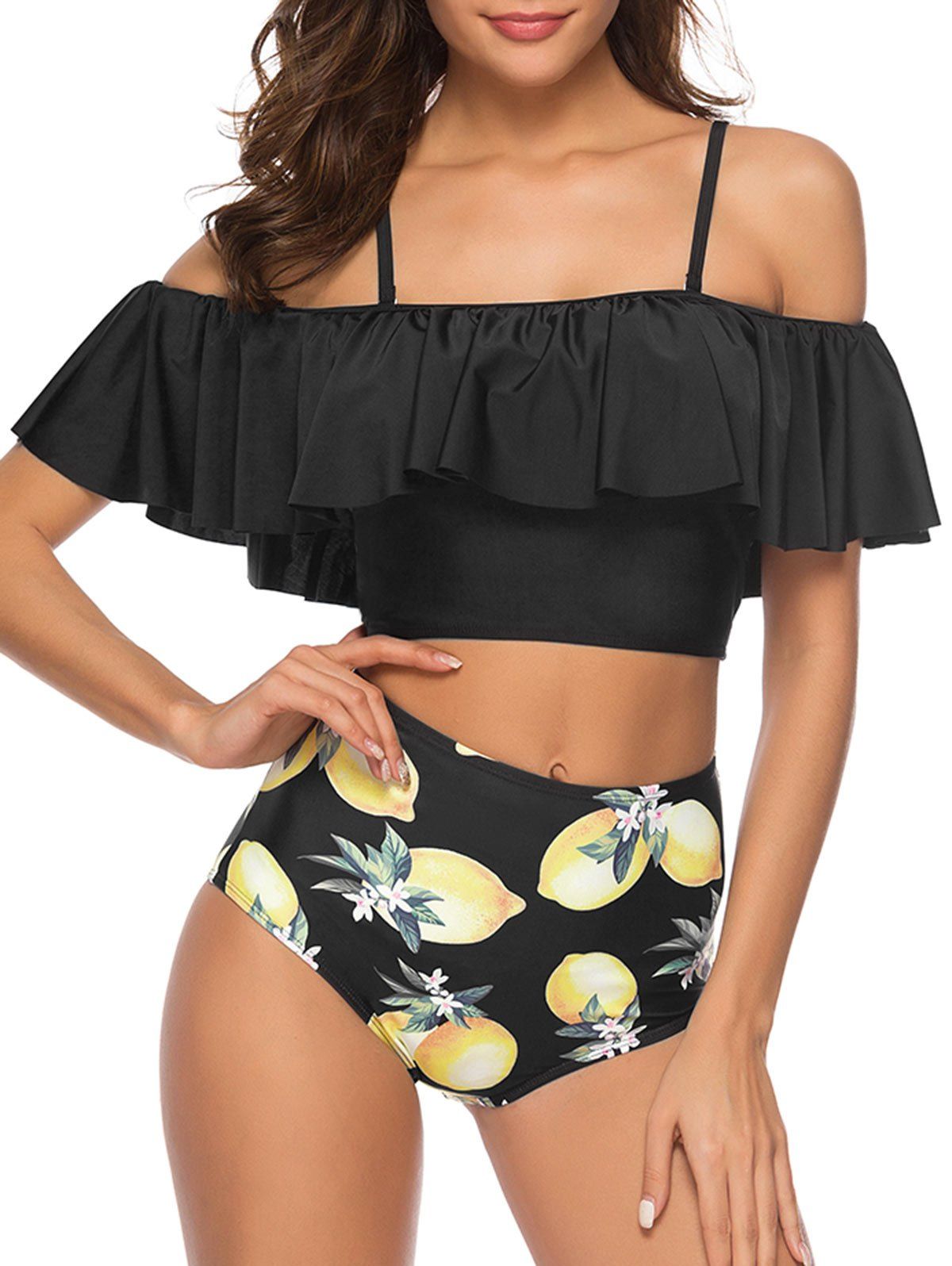 

Lemon Print Flounce Padded Bikini Swimwear, Black