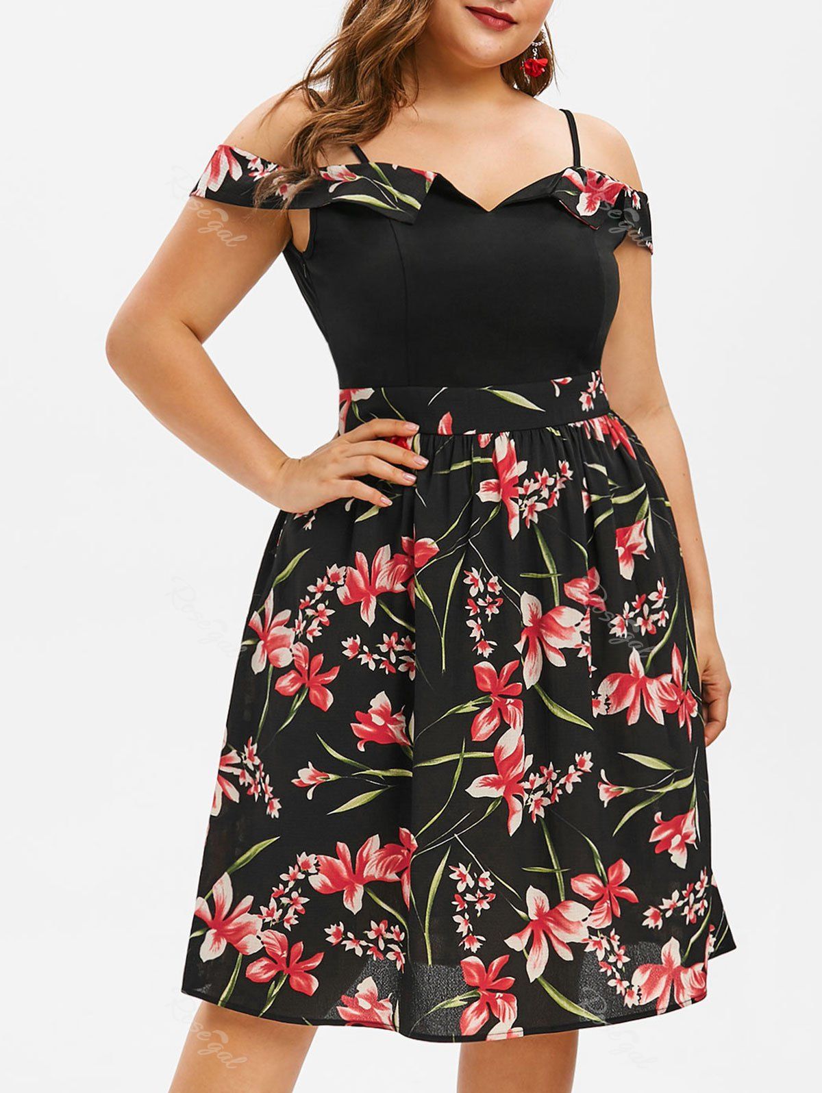 

Plus Size Spaghetti Strap Cold Shoulder Floral Dress, Black