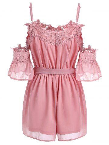 

Cold Shoulder Lace Insert Belted Romper, Pink rose