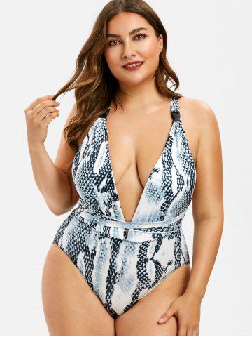 

Plus Size Low Cut Snakeskin Print Backless Swimsuit, Multi-a