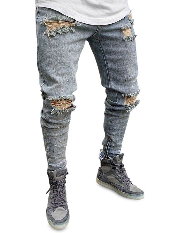 

Zipper Decoration Ripped Jeans, Blue gray