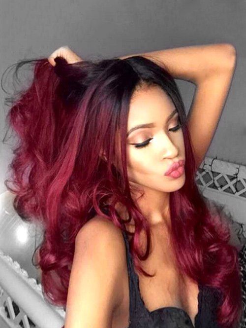 

Center Part Long Body Wave Heat-Resistant Synthetic Wig, Red wine