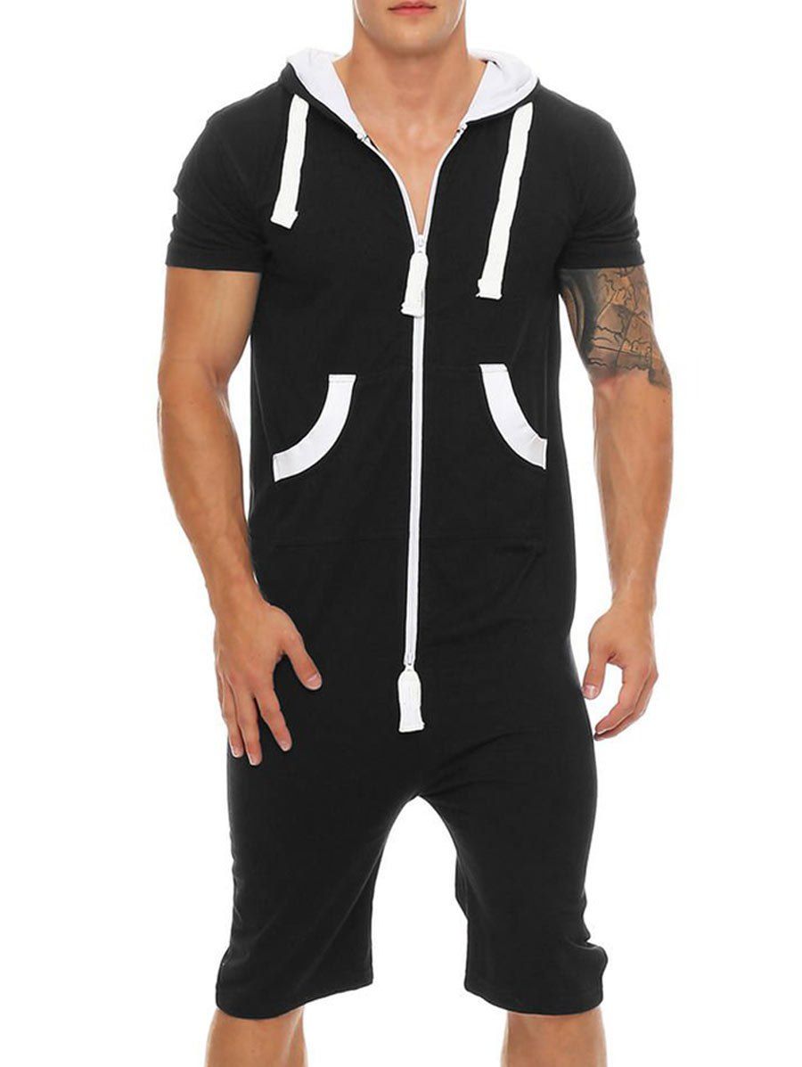 

Hooded Zip Up Contrast Romper, Black
