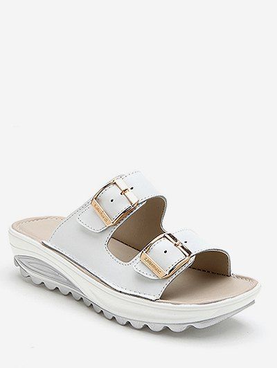 

Double Buckle Strap Platform Slides, White