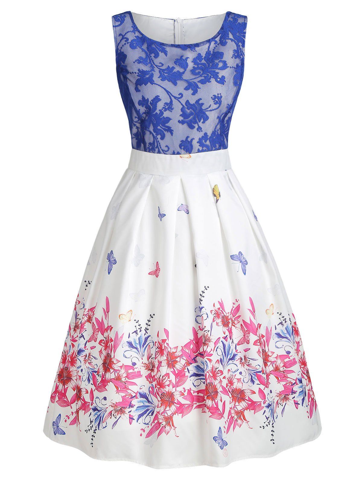 

Lace Panel Butterfly Print A Line Dress, Multi