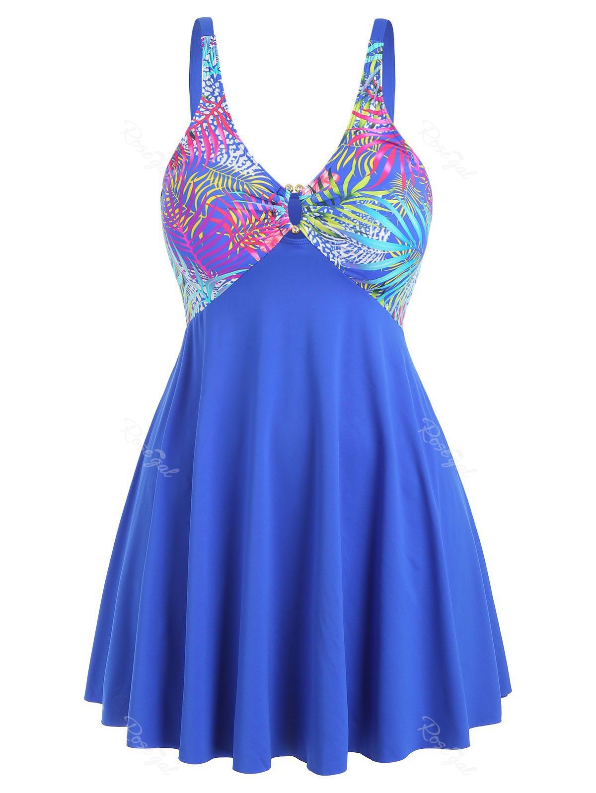 

Tropical Print Plus Size Tankini Set, Blue